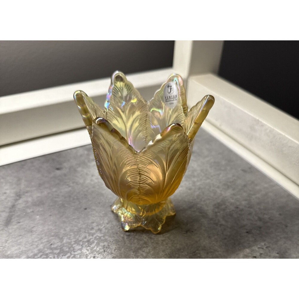 VTG Fenton Vintage Amber Iridescent Tulip Votive Candle Holder